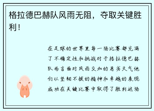 格拉德巴赫队风雨无阻，夺取关键胜利！